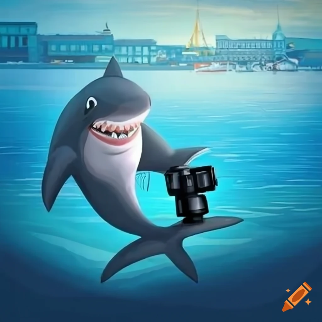 cartoon shark with a camera at Nyhavn, Copenhagen