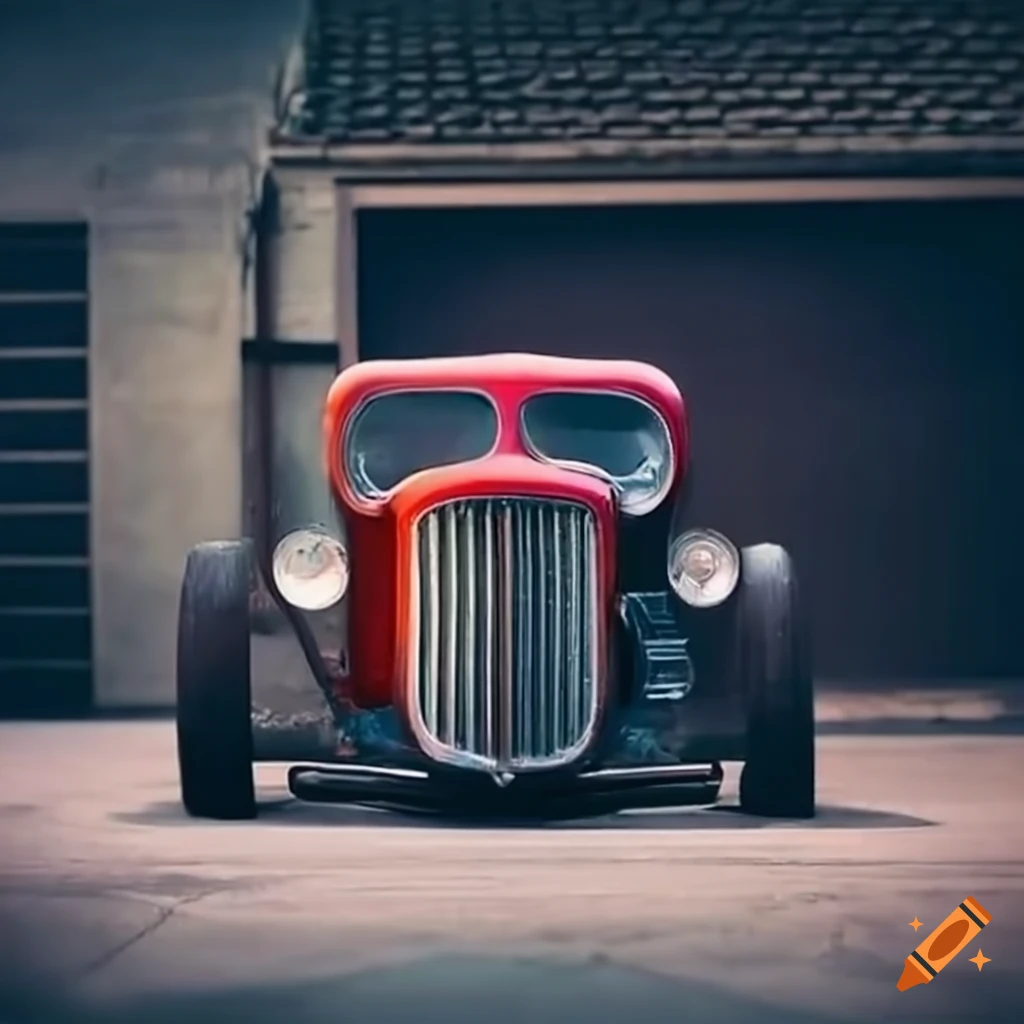 sleek hot-rod car parked outside a garage