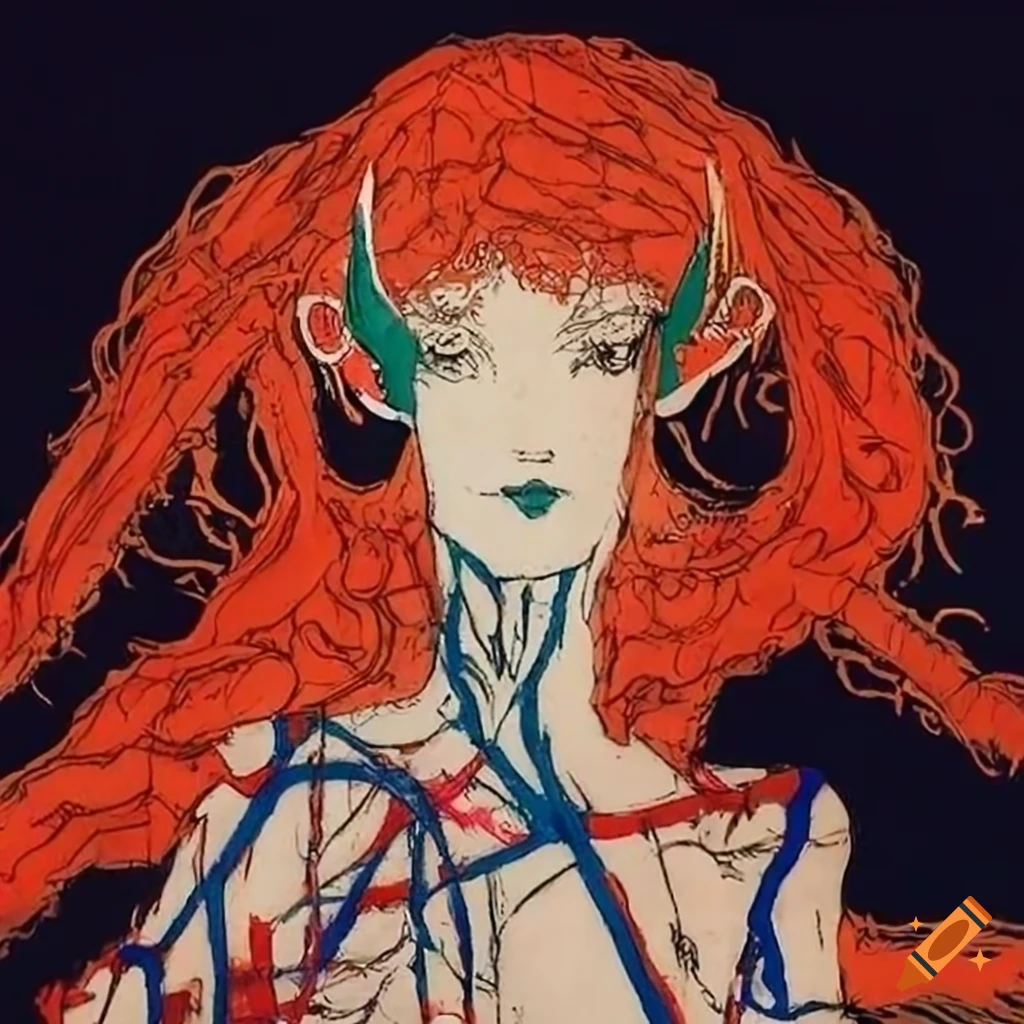 Yoshitaka amano style illustration of a woman adorned in bones on Craiyon