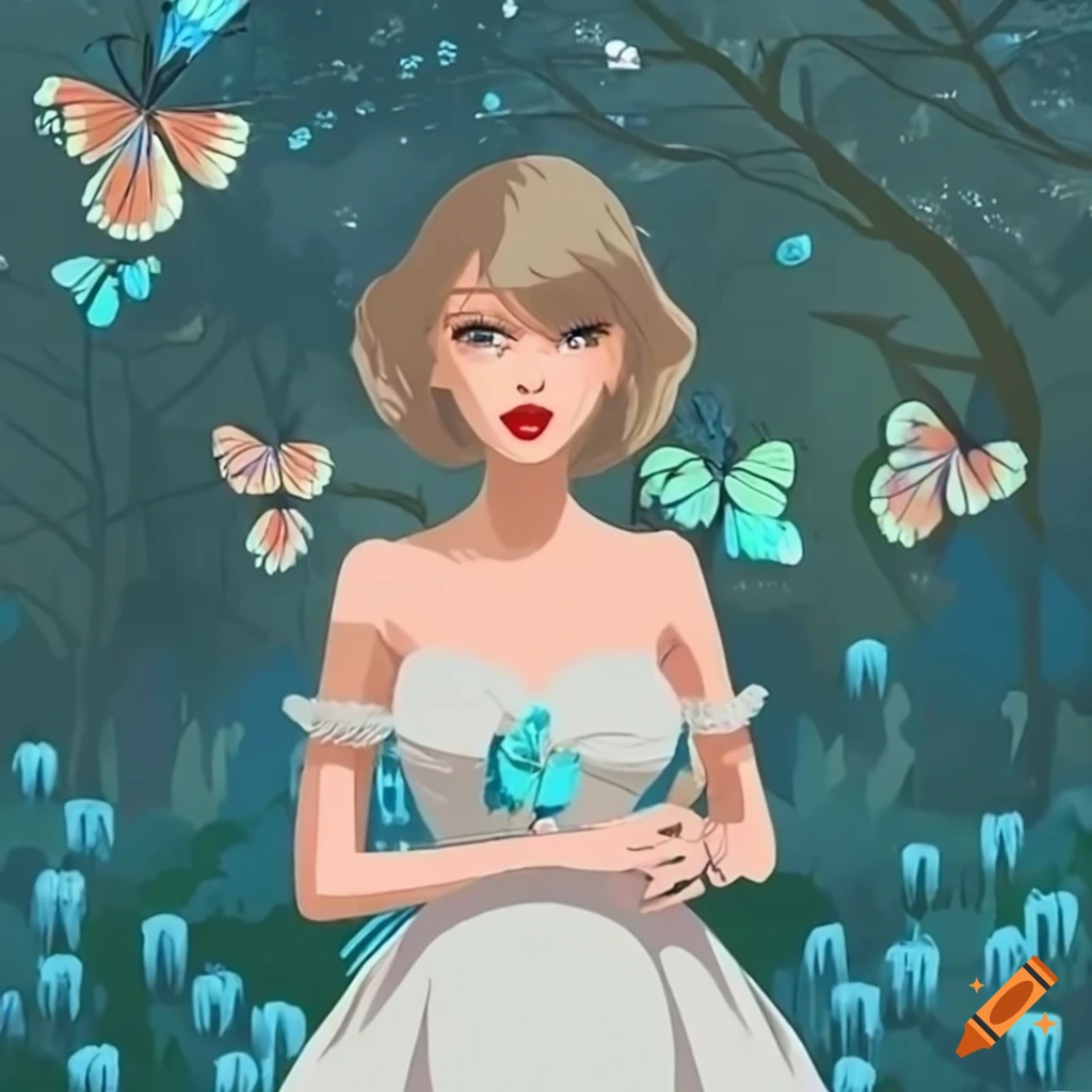 Taylor swift in a sunlit forest surrounded by butterflies on Craiyon