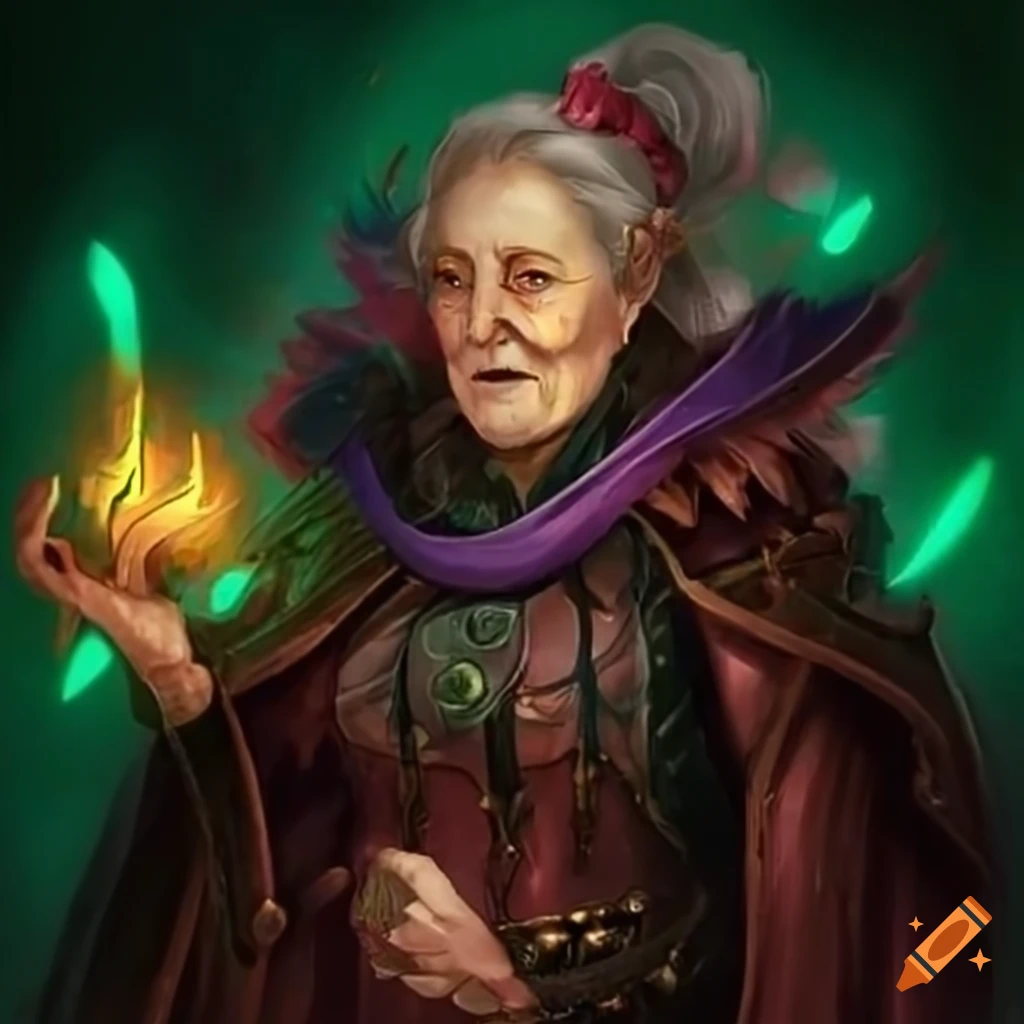 Illustration of an elderly woman with magical powers
