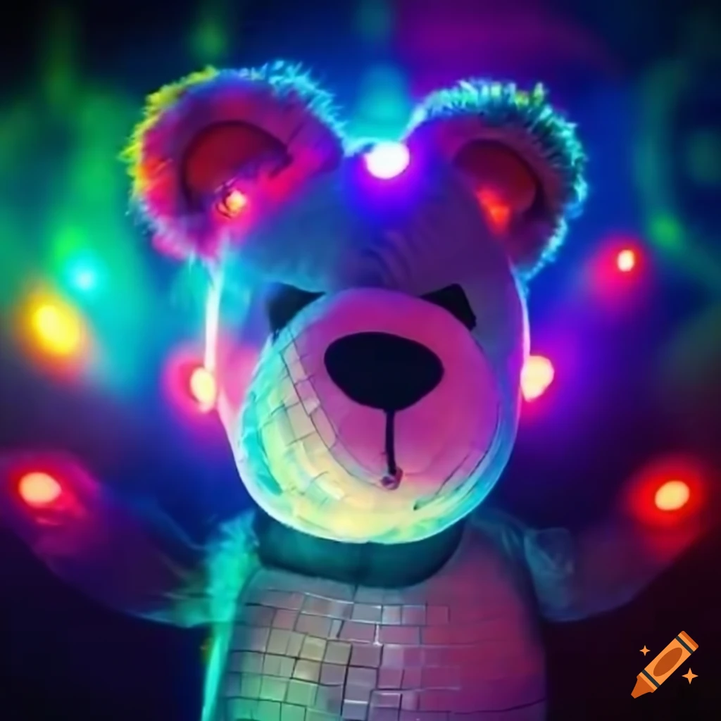 Teddy bear at a disco with light devices