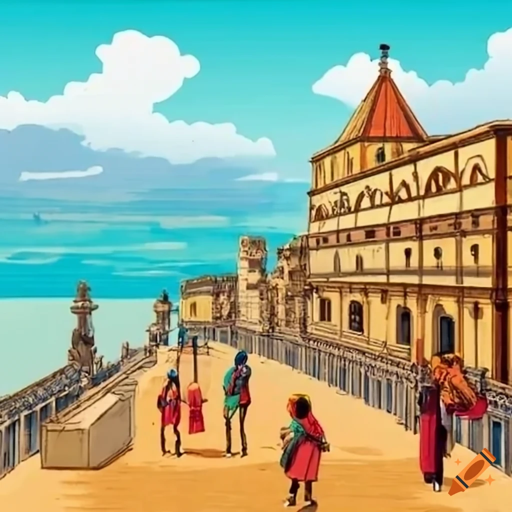 seaside of an ancient city with conquistadores