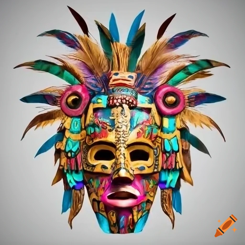 Colorful Wooden Aztec Mask With Feathers On White Background On Craiyon