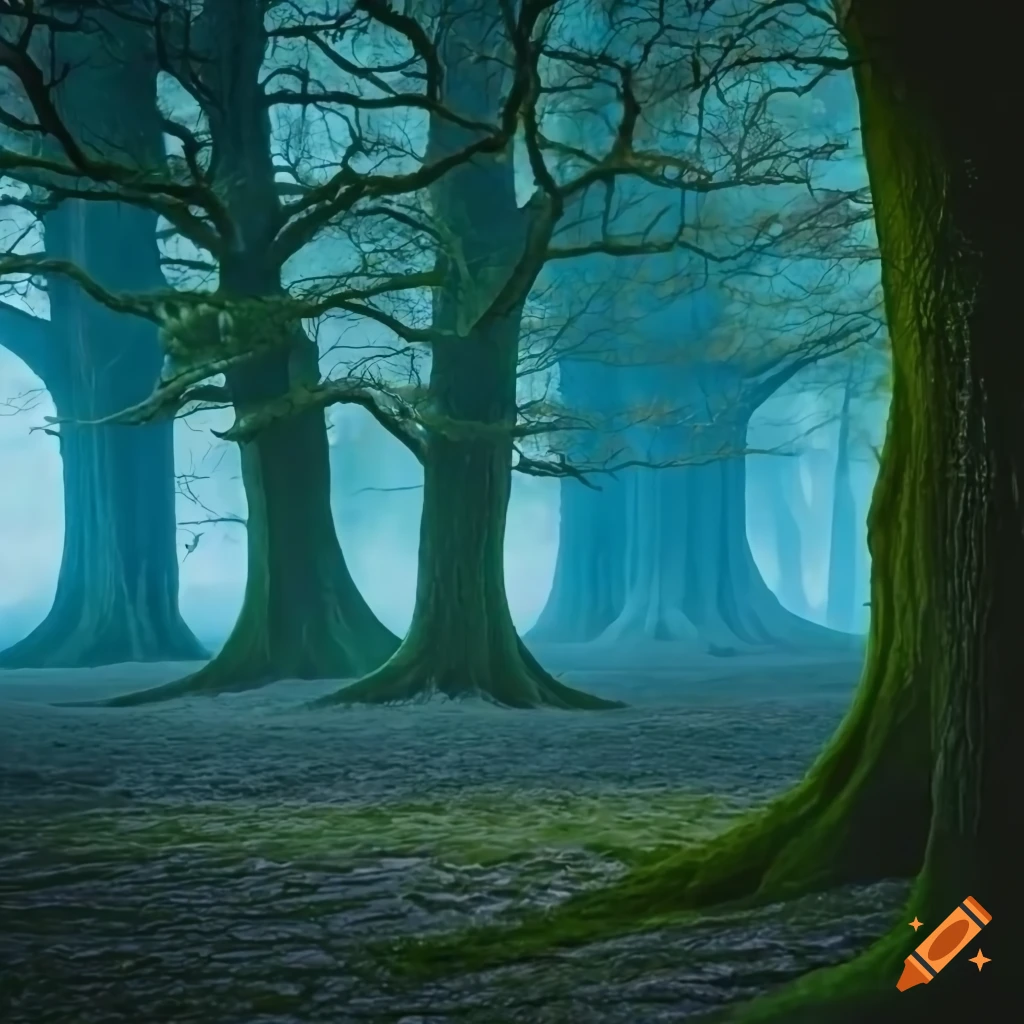 Photo of enchanted oak and beech trees in a magical forest on Craiyon