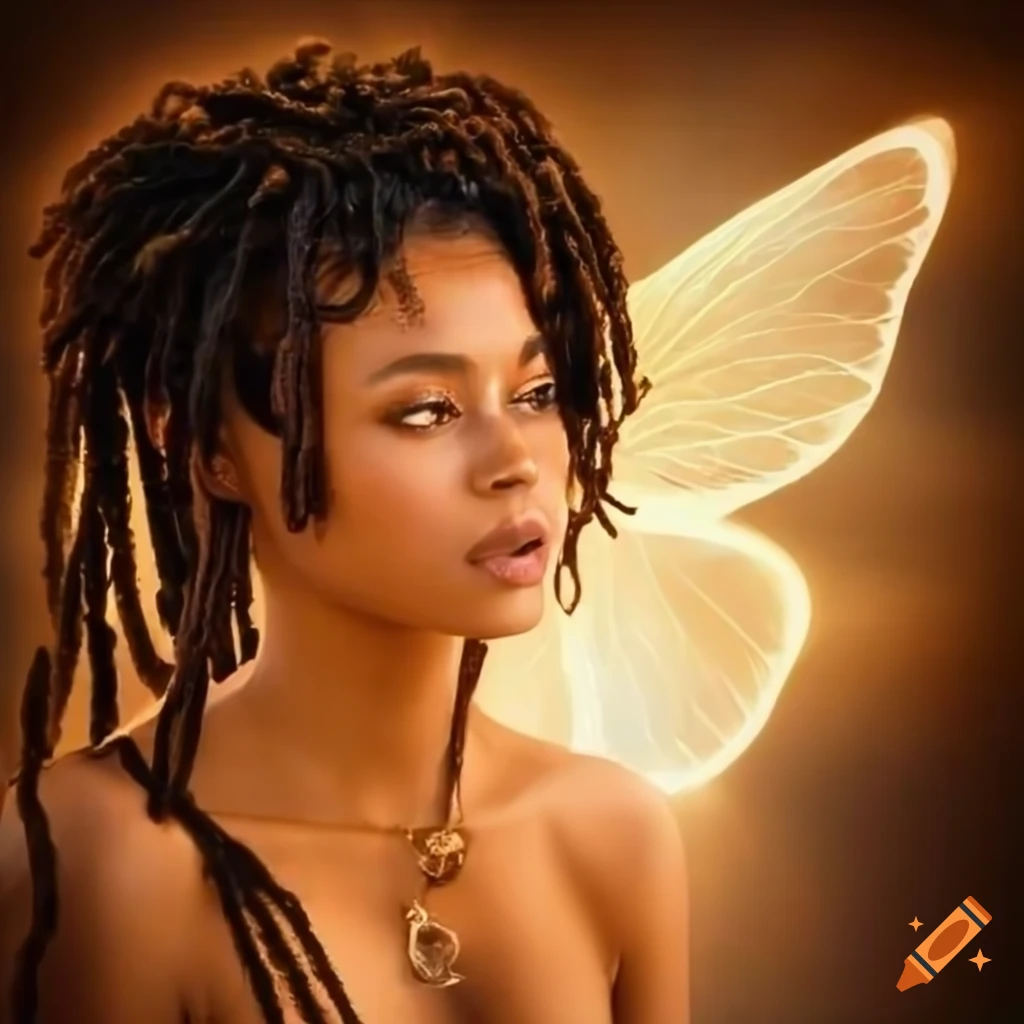 artwork of a African American Fairy woman with wings in heaven