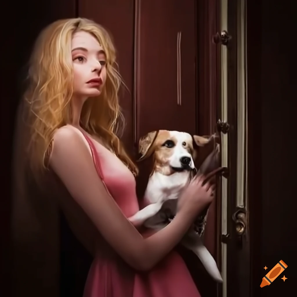 Woman holding a dog and knocking on a door on Craiyon