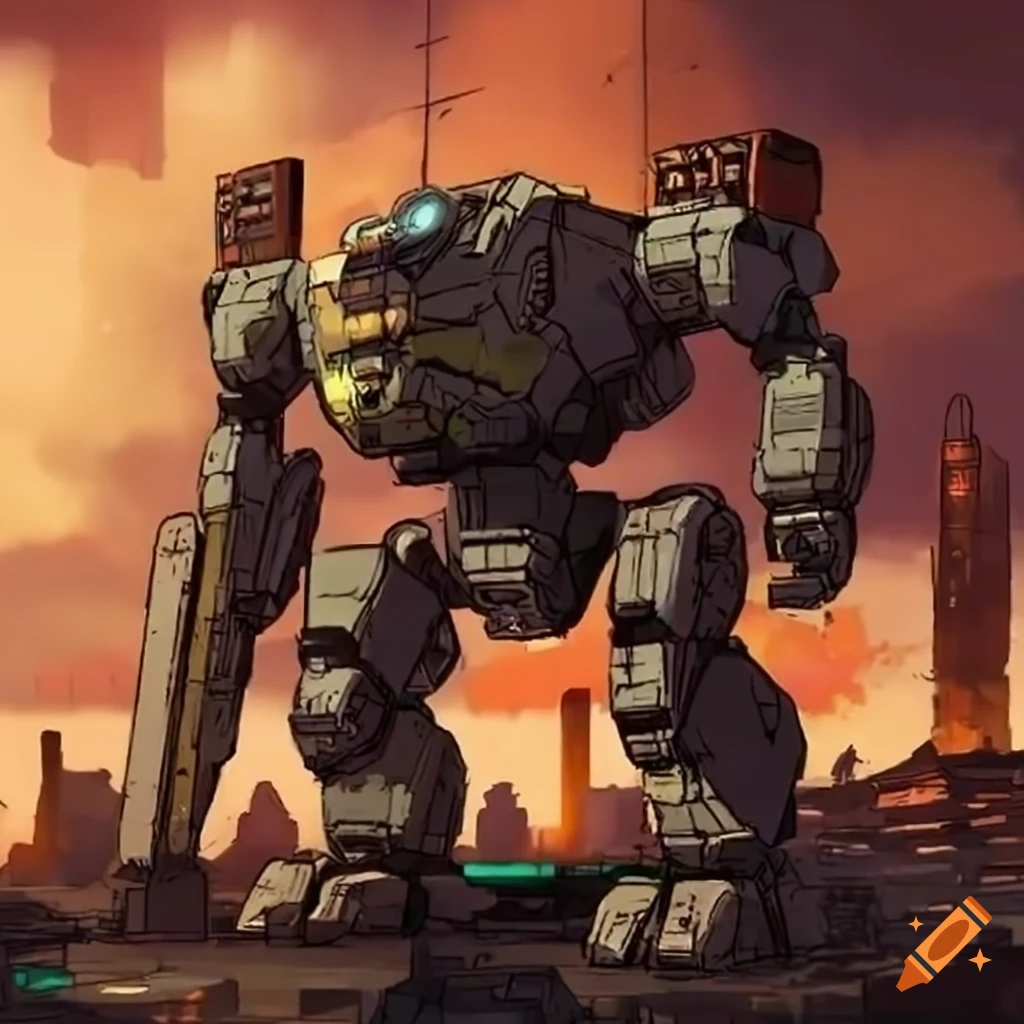 anime-style depiction of a Battletech Mauler in a ruined city