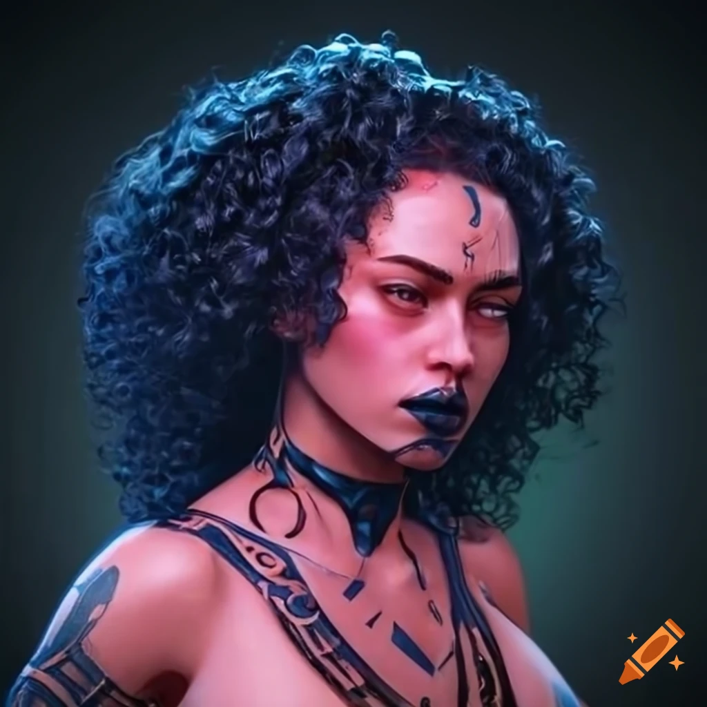 Feminine African American Person With Purple Hair Cybernetic Eyes And feminine-african-american-person-with-purple-hair-cybernetic-eyes-and