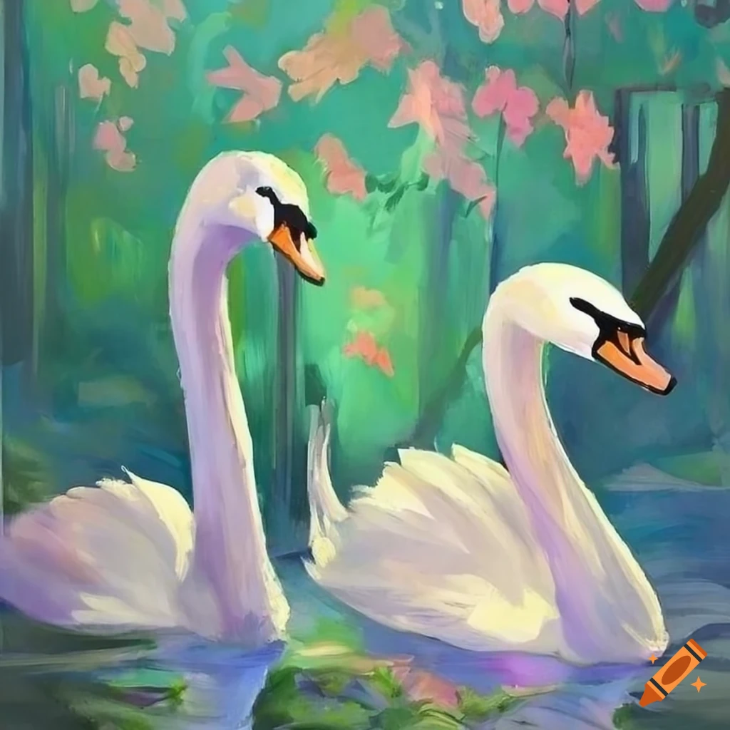 painting of swans in pastel foliage