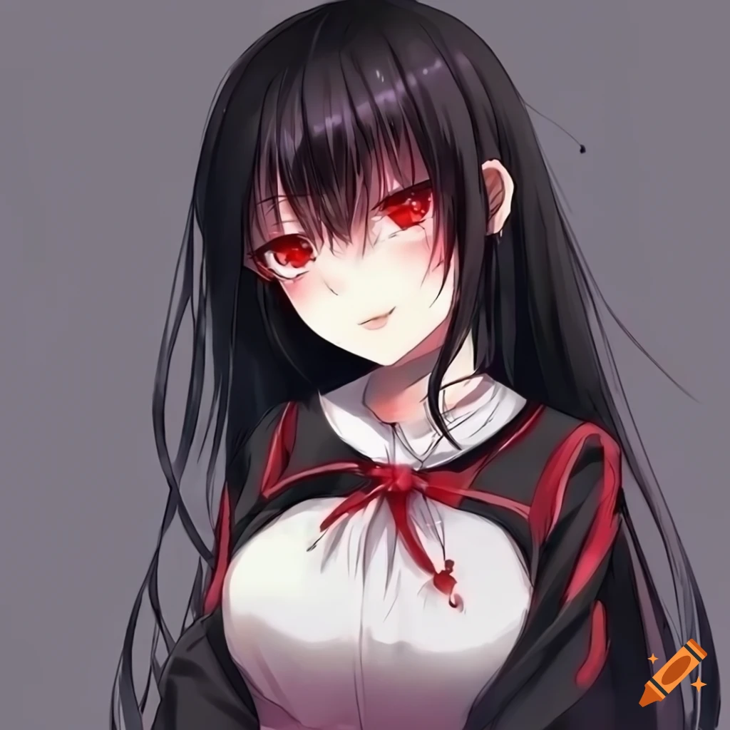Anime Girl With Black Hair And Red Eyes Blushing 