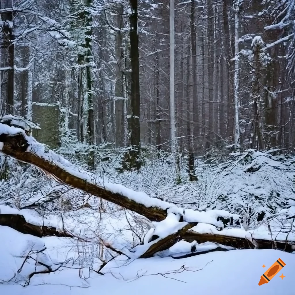snowy forest with a fallen tree