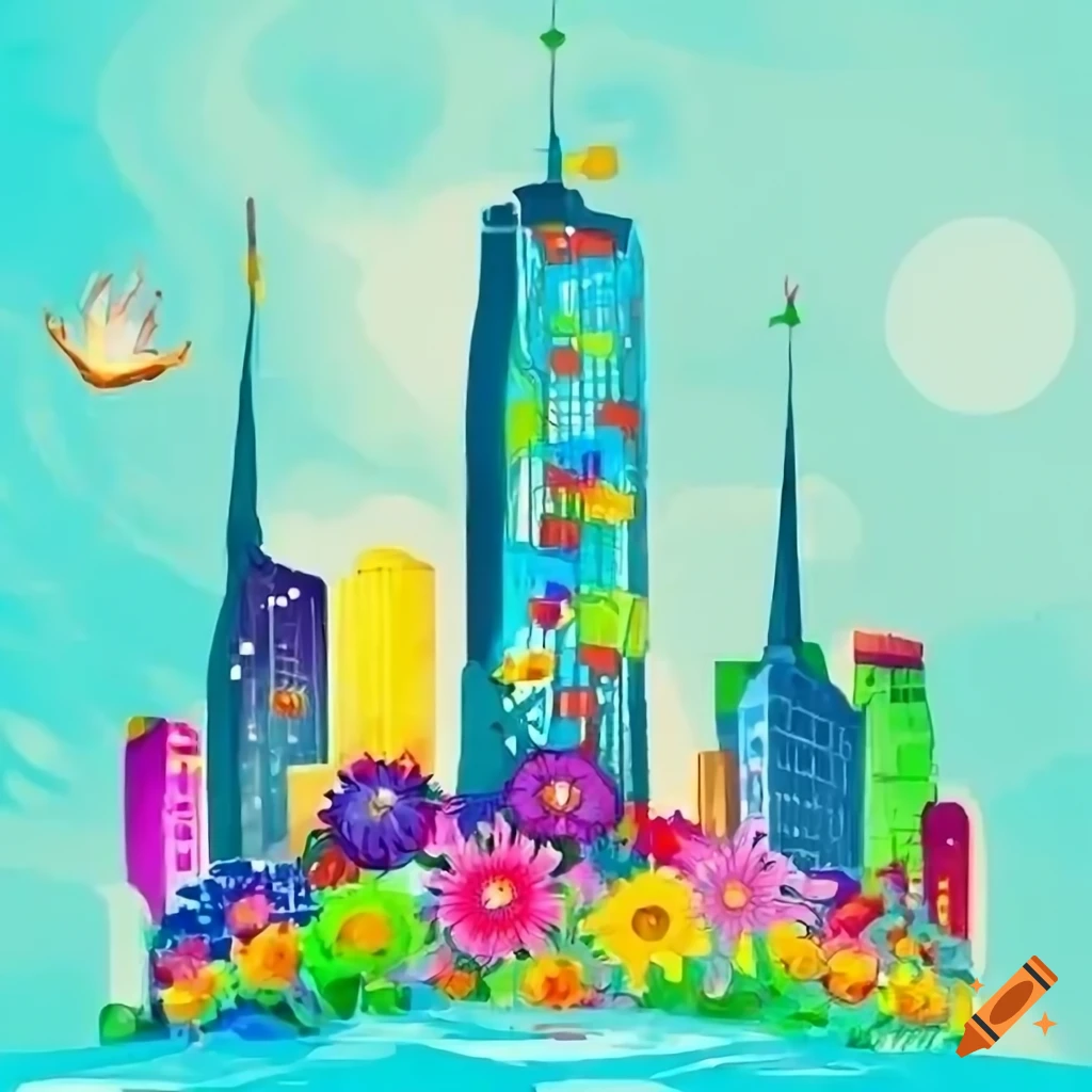template for drawing a futuristic city with flowers