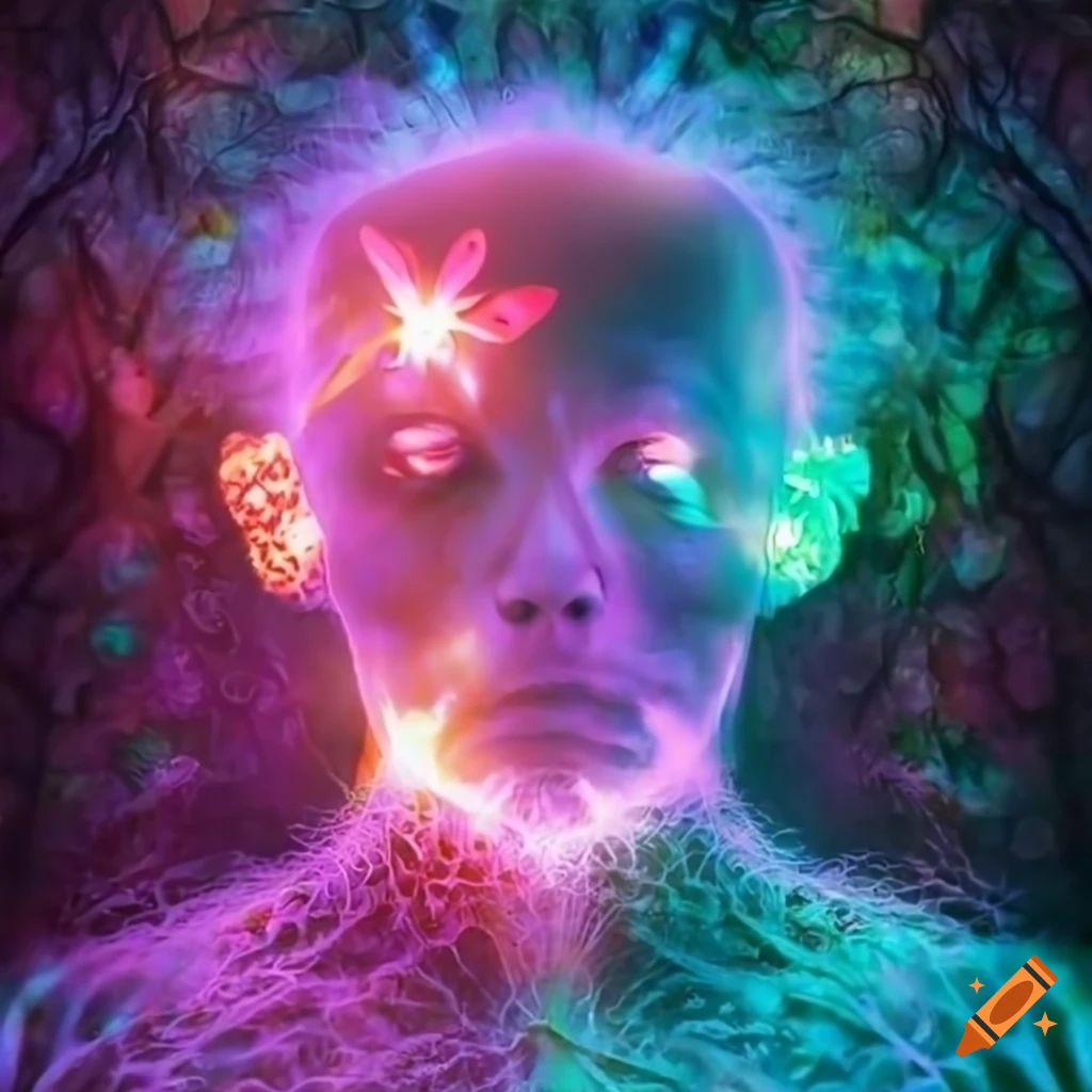 artistic illustration of a glowing man's head in a forest