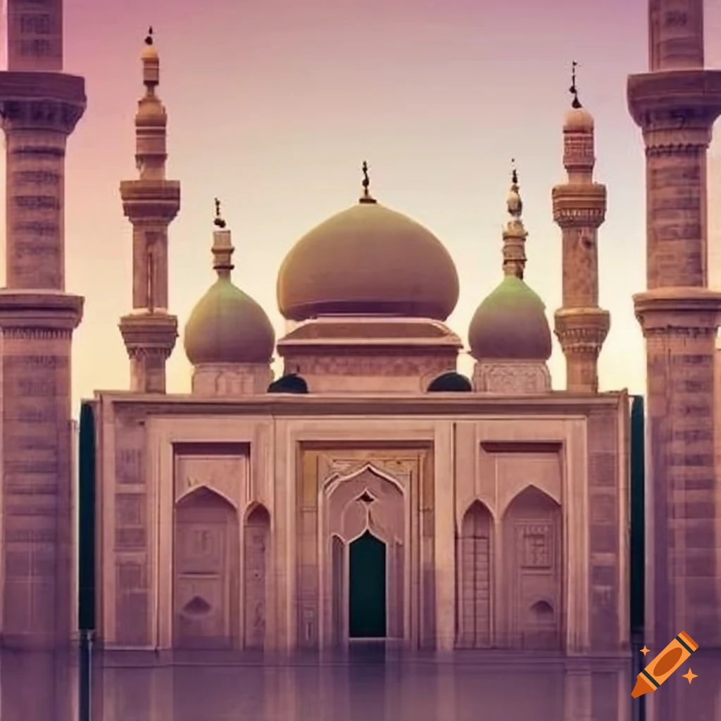 front view of a Mosque with two pillars and visible tomb
