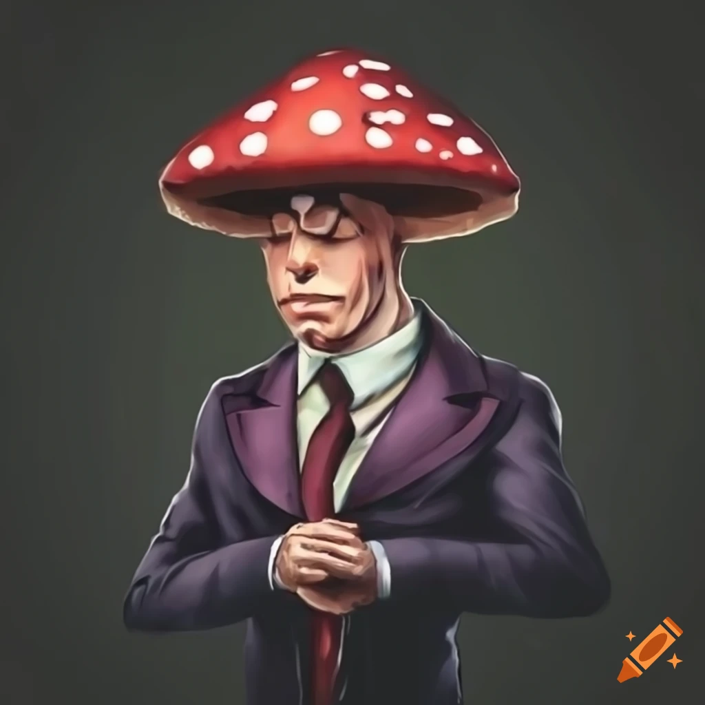 Digital art of a mushroom man in a suit on Craiyon