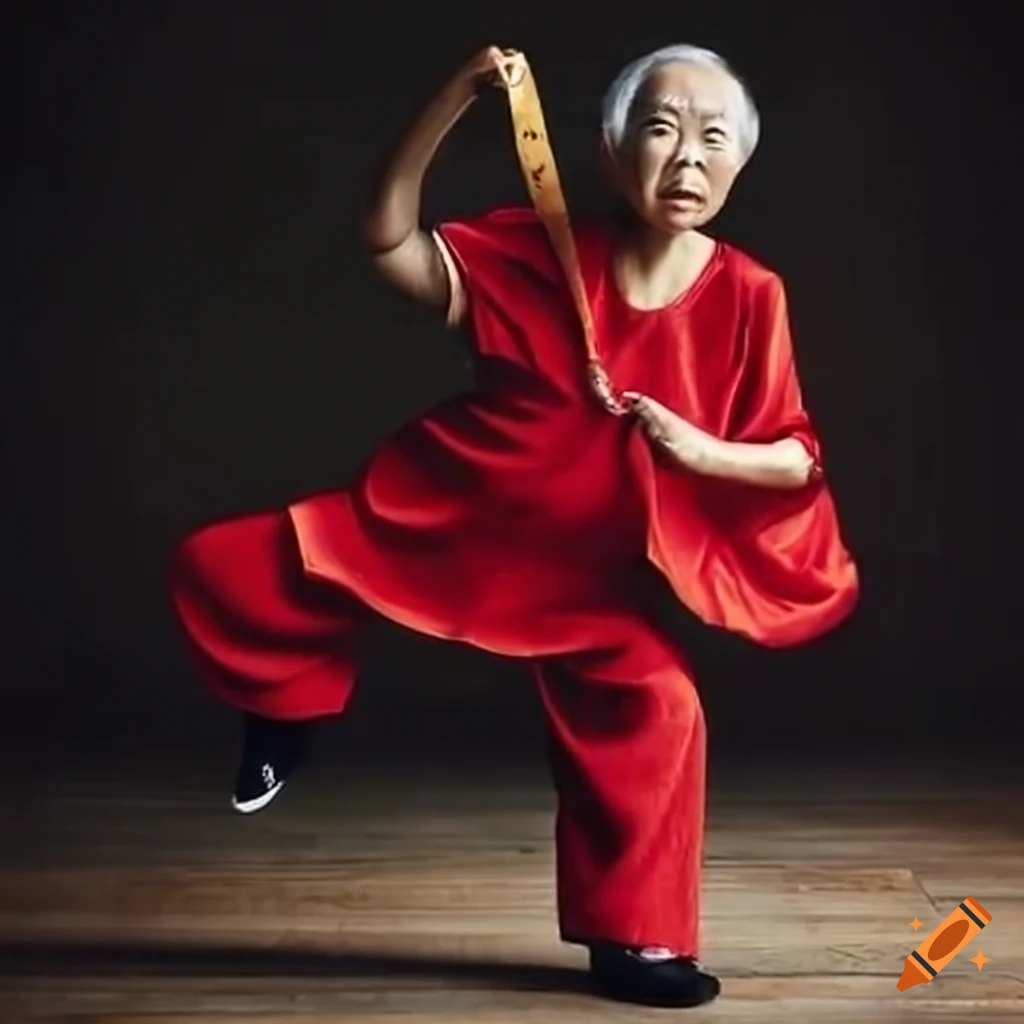 Image of a elderly woman practicing chinese kung fu