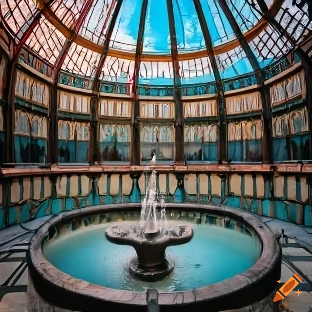 art nouveau courtyard with a fountain and glass windows