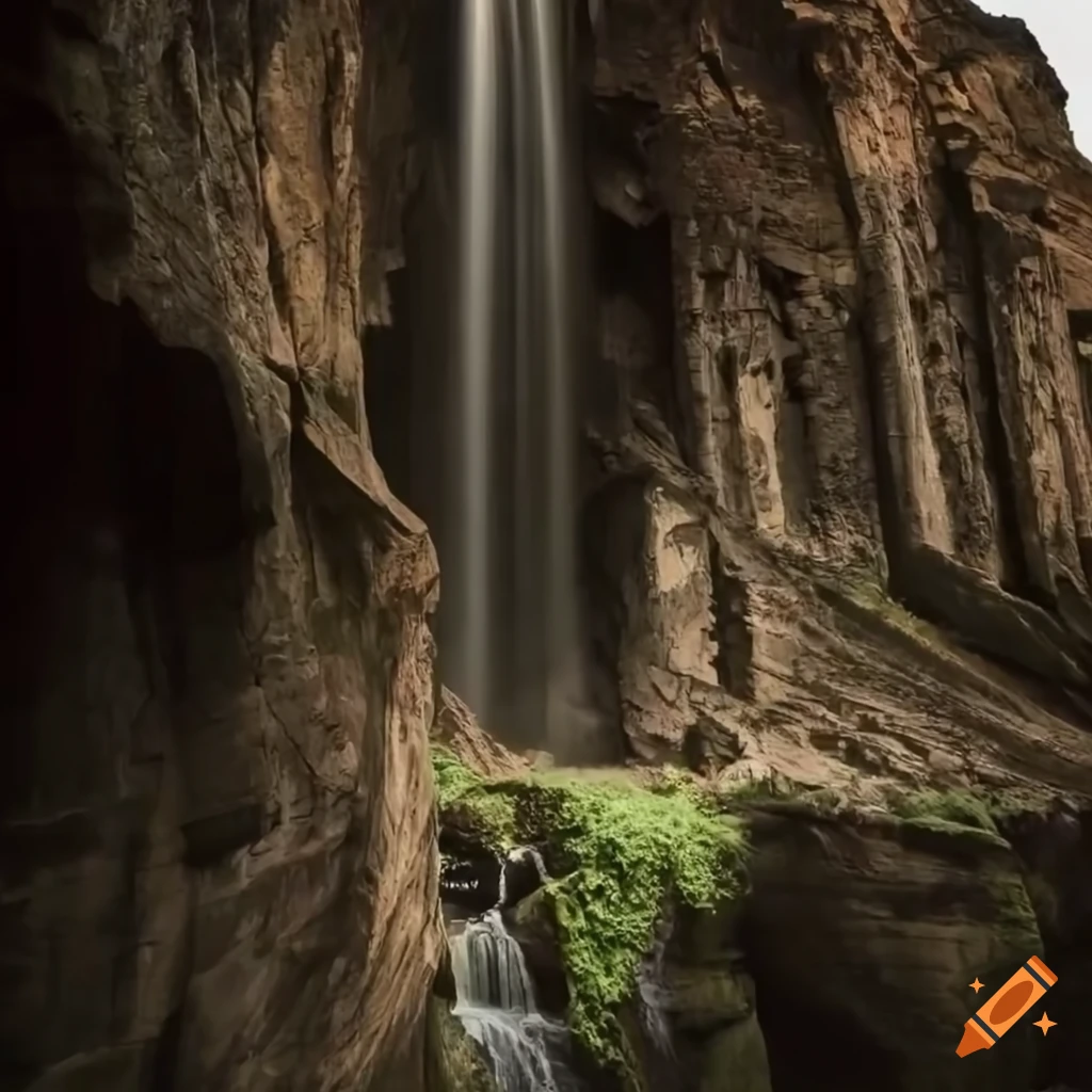 stunning view of mountainous chasm with waterfalls and temple