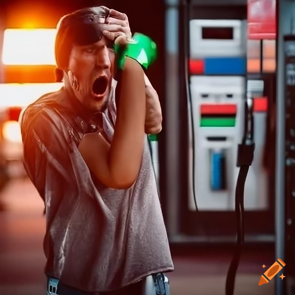 man shocked by gas prices at a gas station