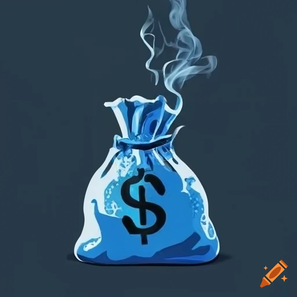 Blue Line Art Of A Money Bag With Smoking Cigarette