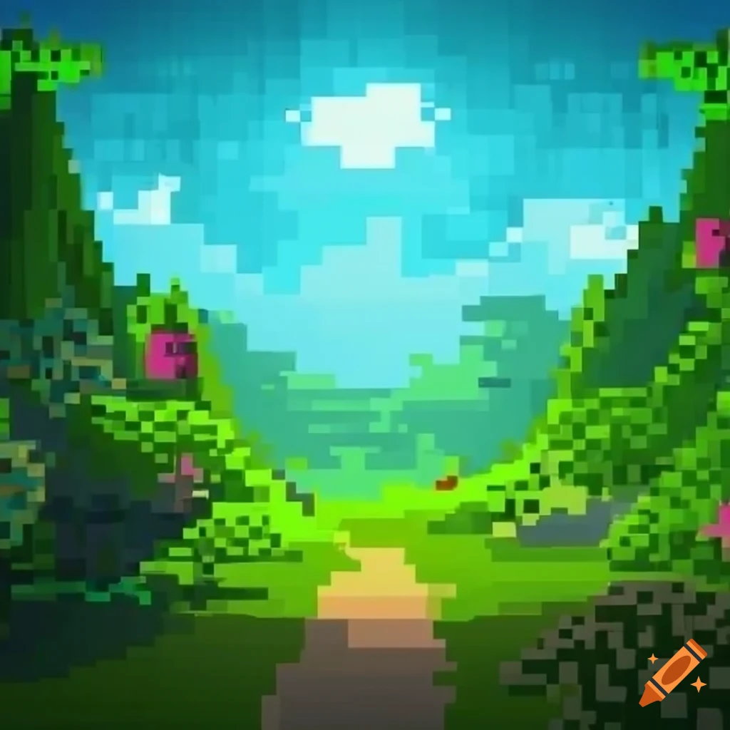 Pixelated video game background with charming nature on Craiyon