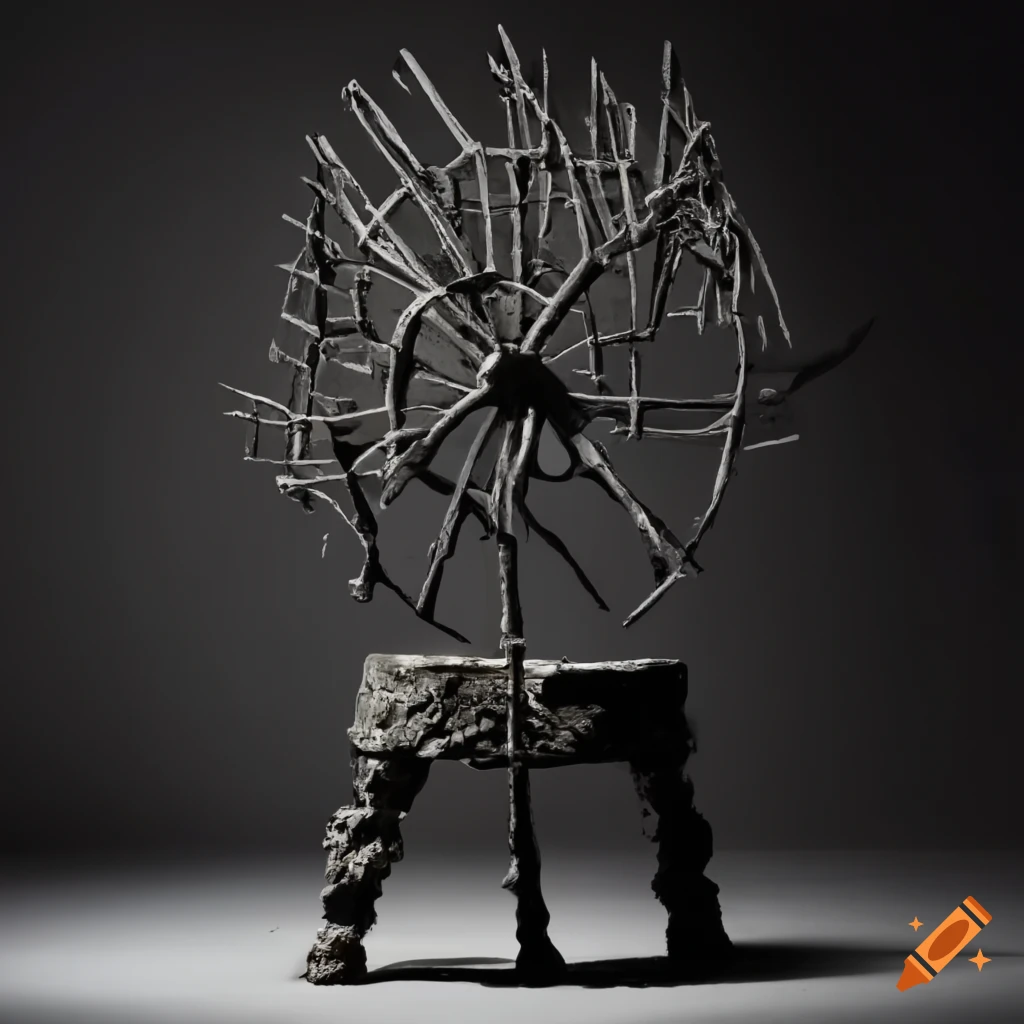 sculpture of a black art installation with millstone and pitchfork