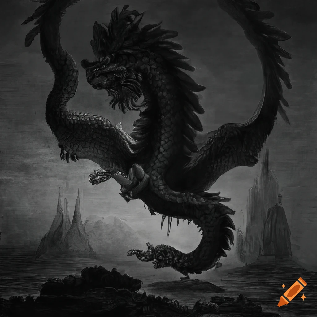 Black & White illustration of a flying oriental dragon