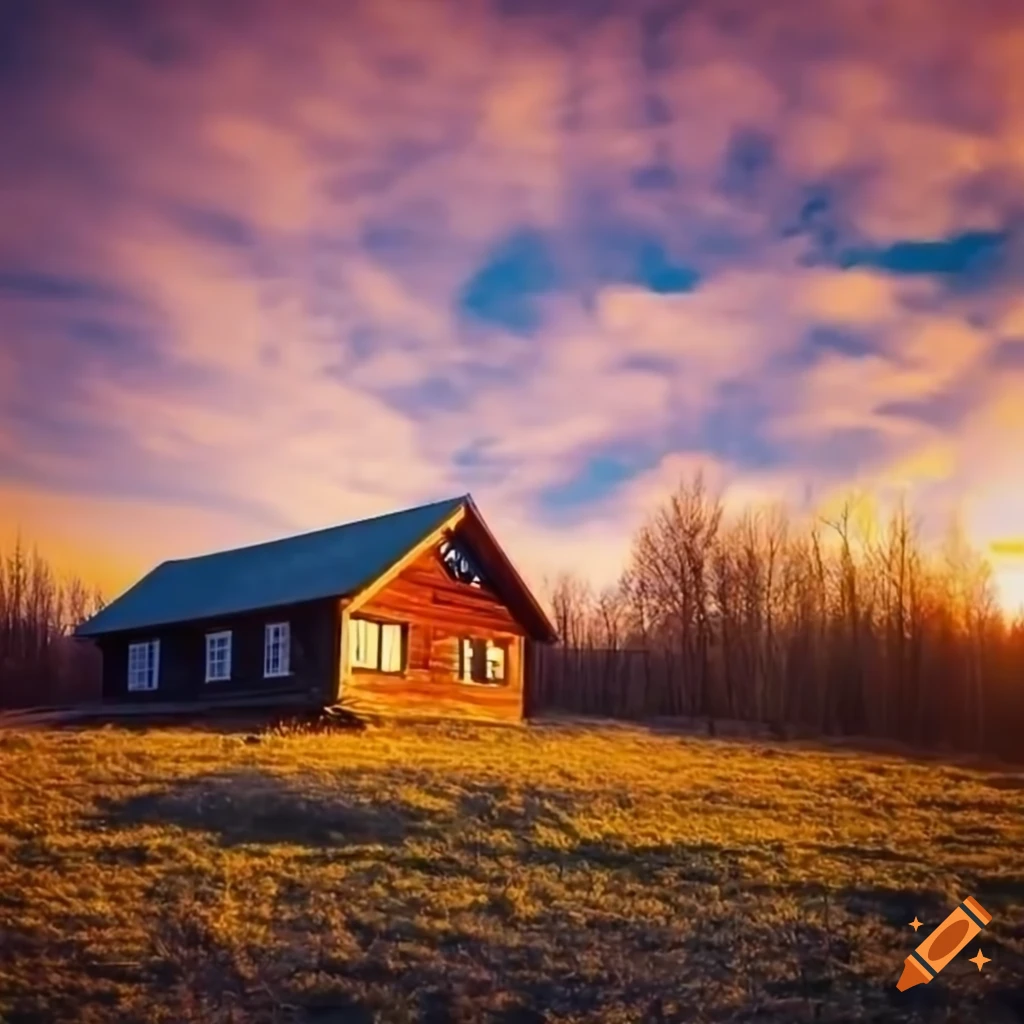 morning view of a cabin under a colorful sky