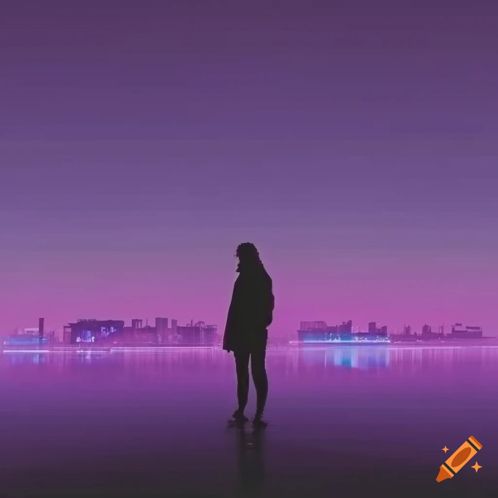 silhouette standing in front of purple cyberpunk landscape