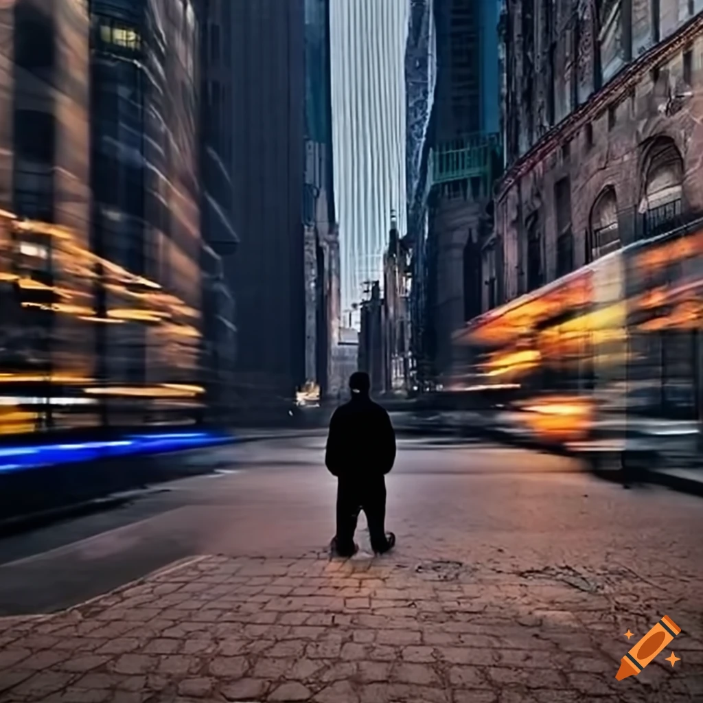 50 Cent standing in a cityscape at night