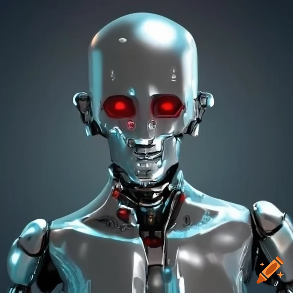 futuristic silver robot with glowing red eyes
