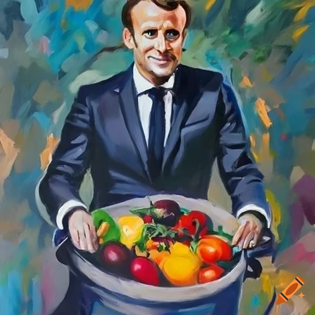 whimsical oil painting of Emmanuel Macron in a cauldron with vegetables