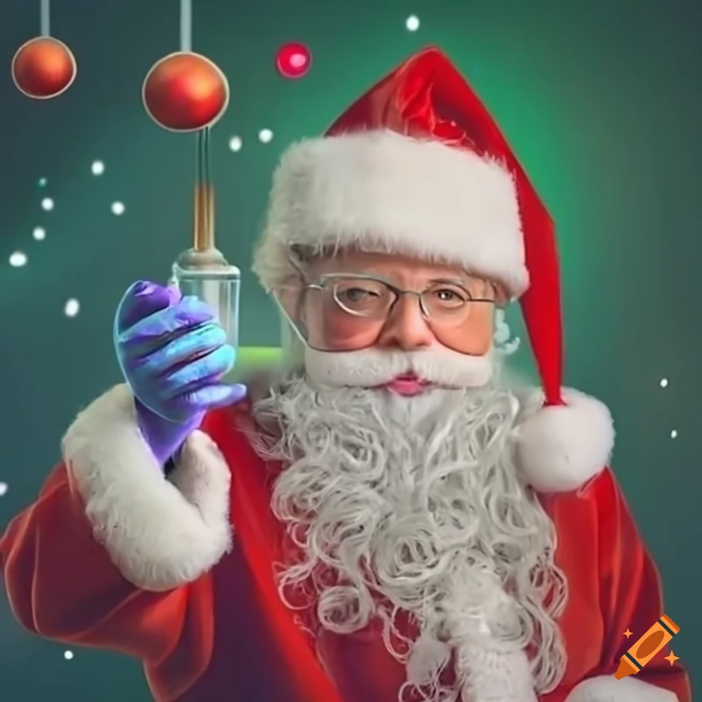Festive image of Santa conducting experiments in a laboratory on Craiyon