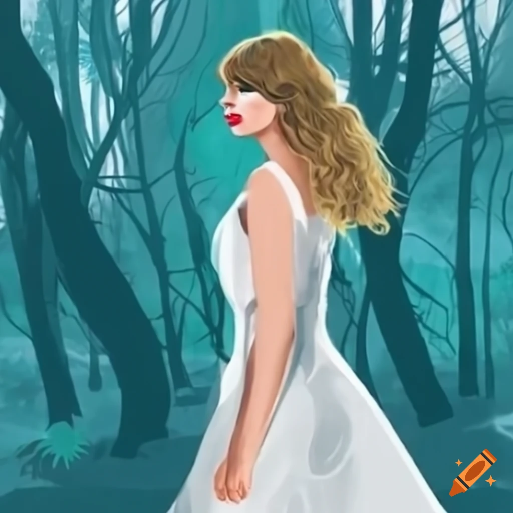 Taylor swift in a sunlit forest surrounded by butterflies on Craiyon