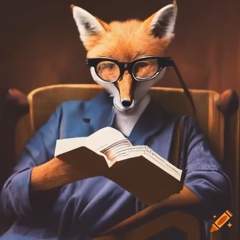 fox reading in a wooden chair