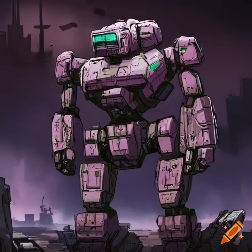 anime-style image of a Battletech Mauler in a ruined city