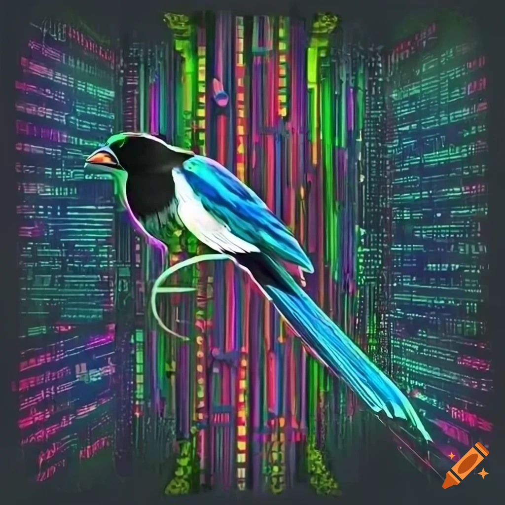 Psychedelic magpie business logo with hacker code background on craiyon