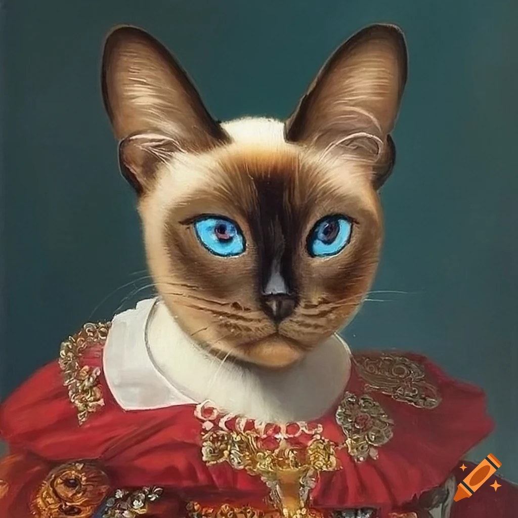 Siamese cat oil painting in royal attire on Craiyon