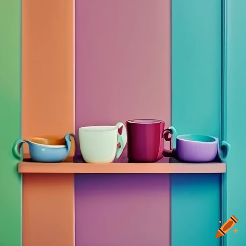 Variety Of Colorful Mugs In A Cupboard