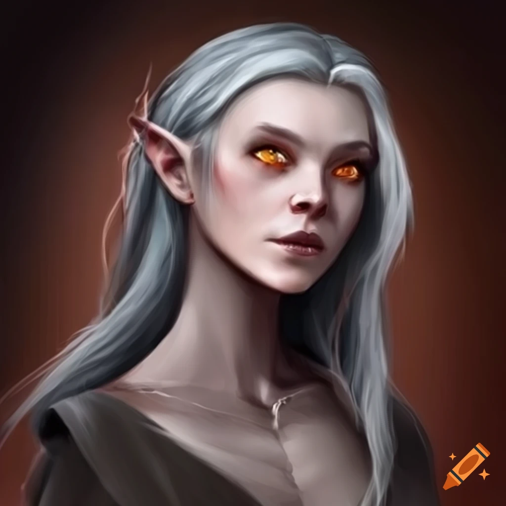 portrait of a gray-skinned elf with long hair and orange eyes
