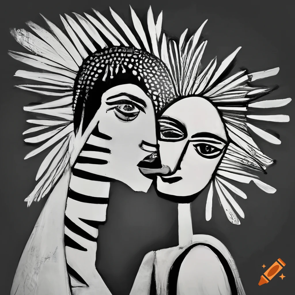 Black and white painting of a kiss inspired by picasso's guernica on