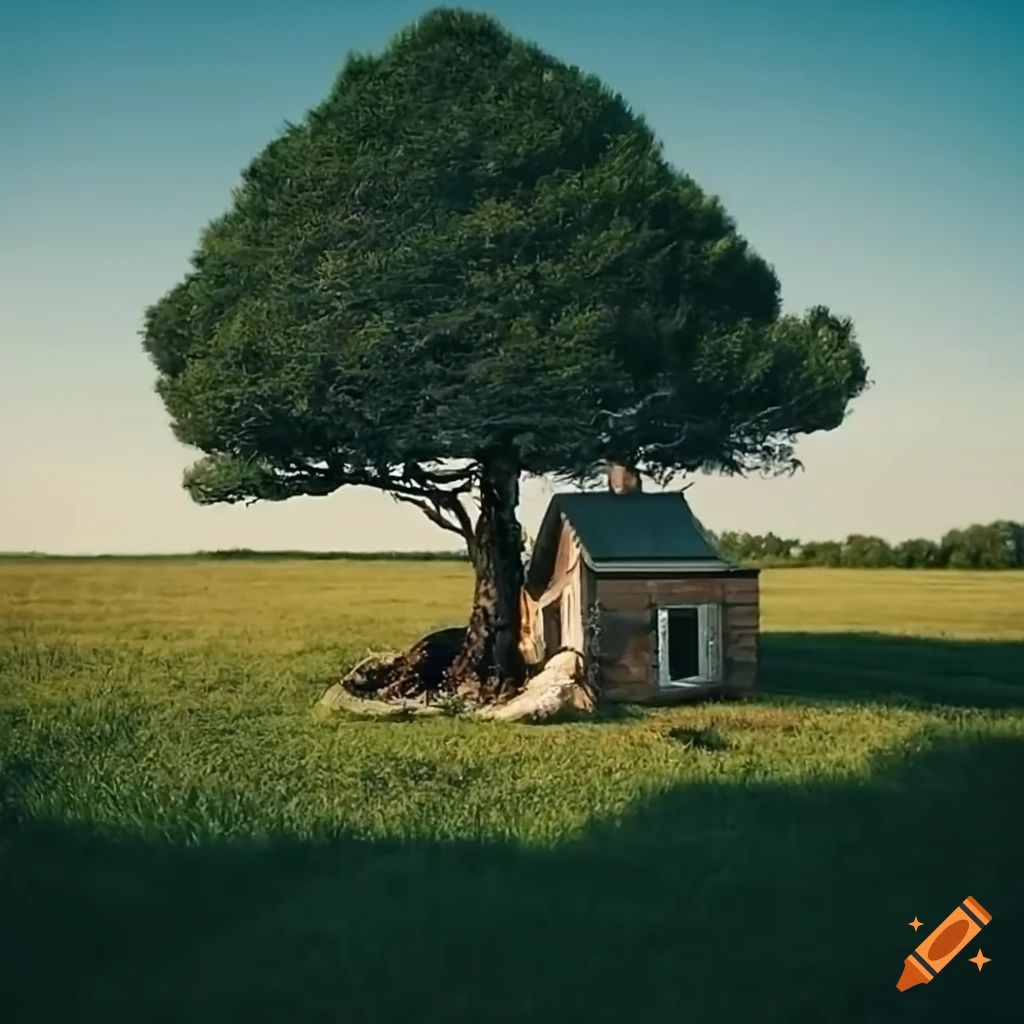 Beautiful meadow with a bonsai tree and a tiny cabin house