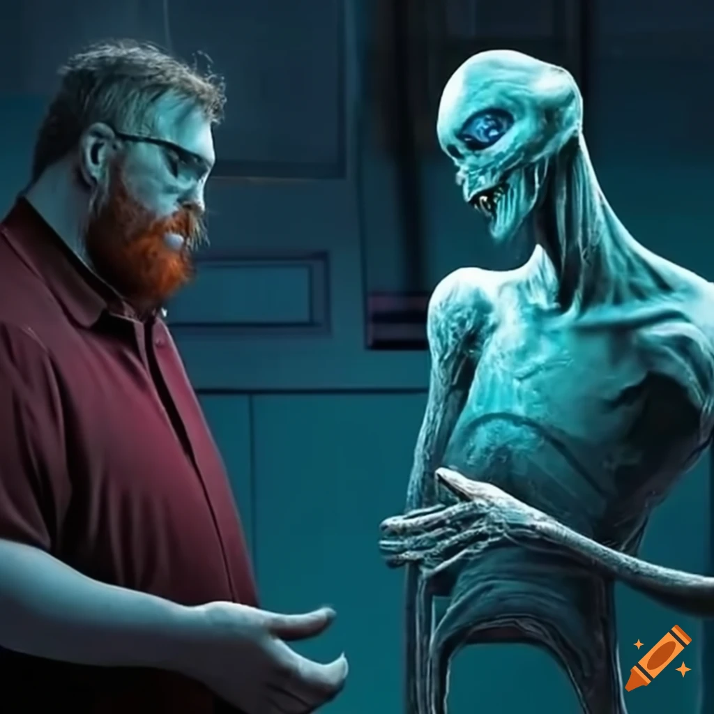 Concept art of a bearded blue collar worker meeting aliens