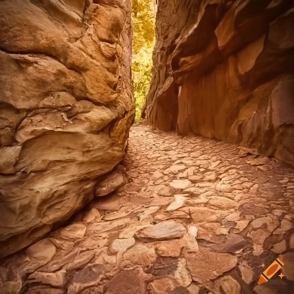 sunlit dusty rock path and rock wall