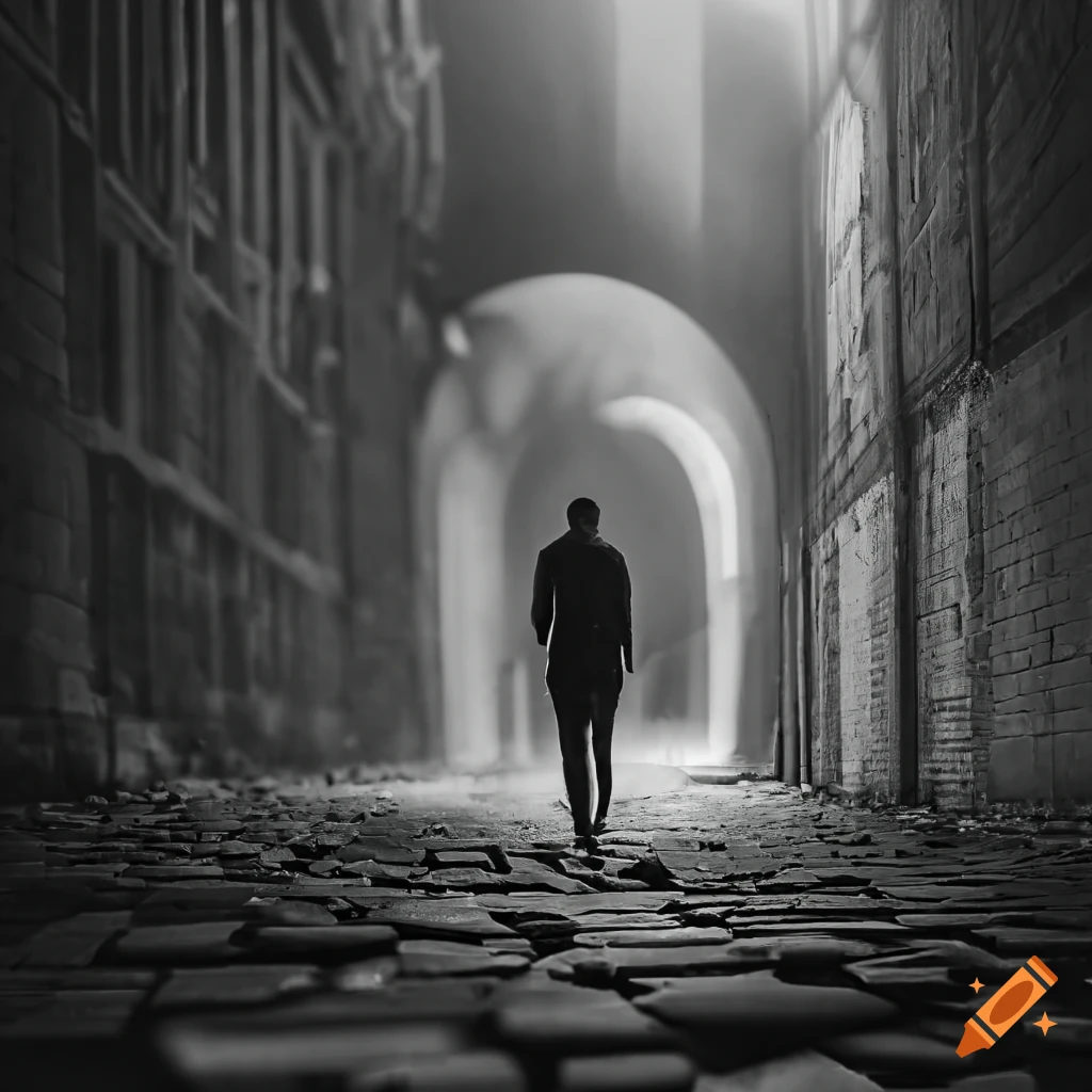 artistic black and white photo of a man walking through a tunnel