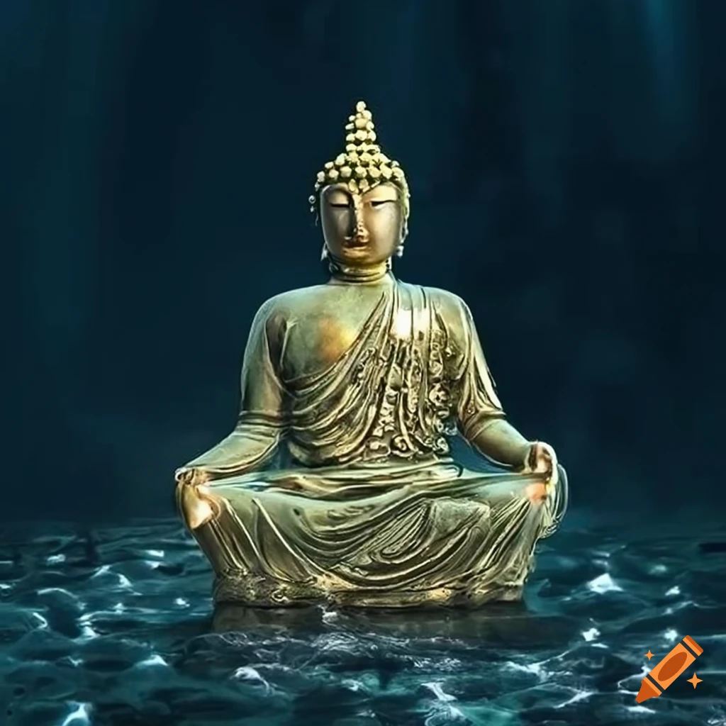 Underwater scene with a metallic buddha statue surrounded by money and
