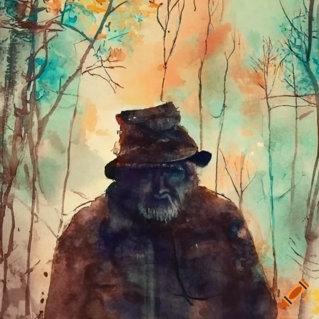 watercolor of an old man in a winter forest