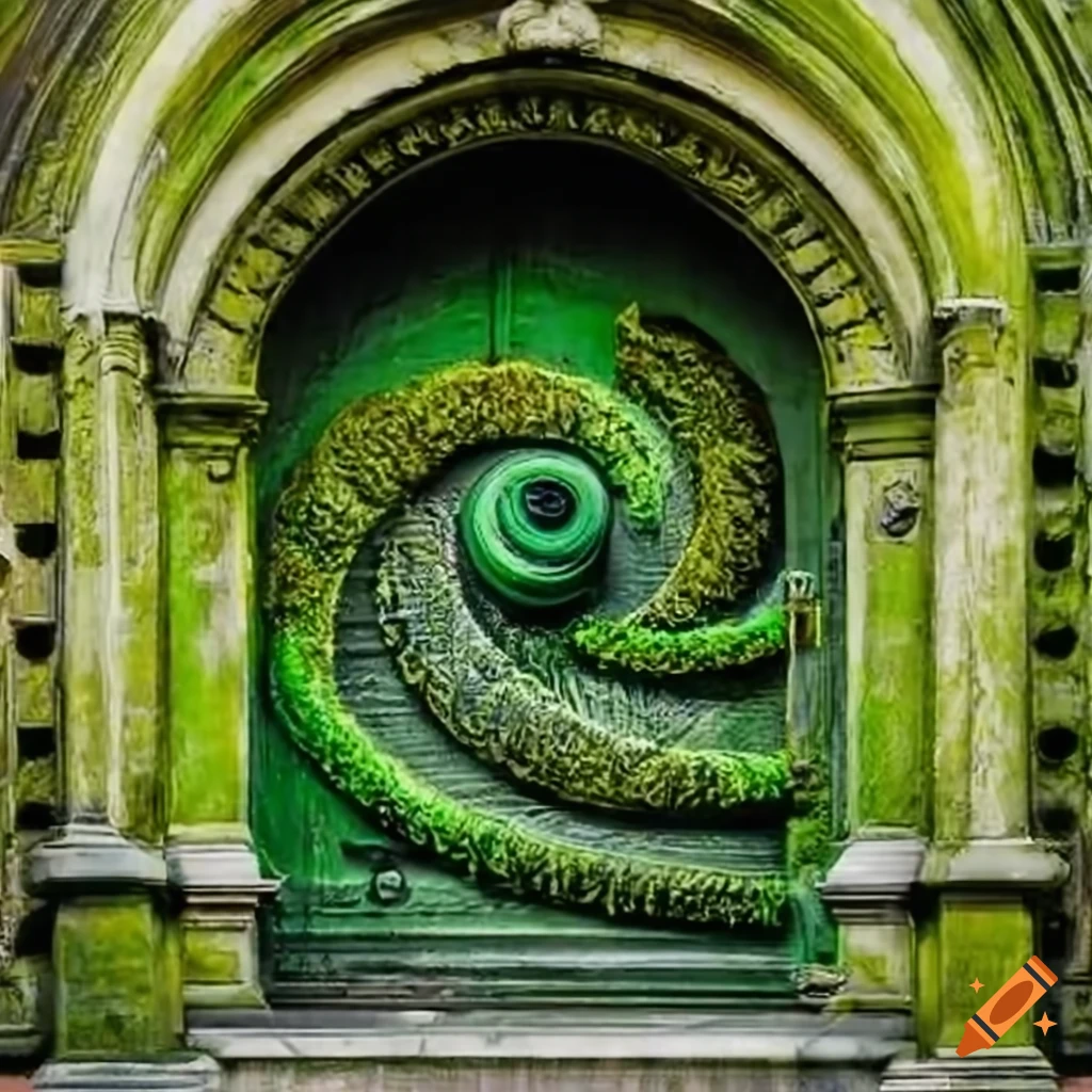 baroque moss-covered door with bas-relief spiral in Delacroix style