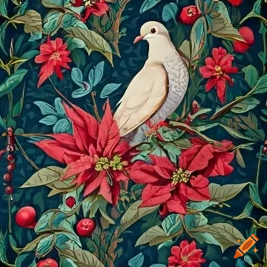 Christmas dove on a juniper branch in william morris floral wallpaper